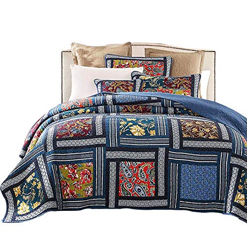 Hecho A Mano Patchwork Colcha Boutí Doble Acolchado Edredón 100% Algodón Estilo Rústico Cubrecamas 3 Piezas Multifunción Toda Temporada Mantas con Funda De Almohada,A-SuperKing:260x270cm+50x90cmx2