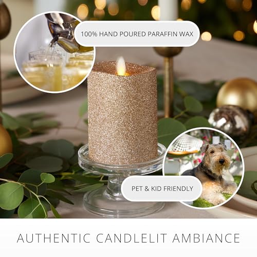 Image of Luminara Realistic LED Moving Flame Pillar Candle, Gold Metallic Glitter, 3 inch x 4.5 inch Inch, Battery Operated w /Remote, Indoor Outdoor, Timer Function