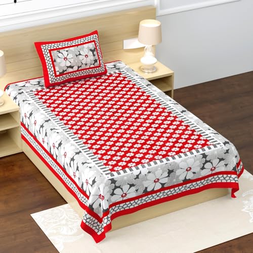 Image of RajasthaniKart Pure 100% Cotton Single Bed Sheet with 1 Pillow Cover (Bedsheet for Single Bed Cotton, Red Floral)