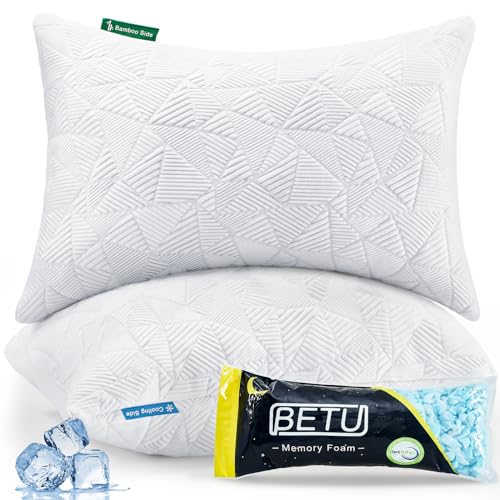 Image of BETU Cooling Pillows Standard Size Set of 2, Shredded Memory Foam Pillows for Hot Sleepers, Adjustable Firm Bed Pillows, Hotel Collection Side Sleeper Pillow for Back Pain, Neck, White