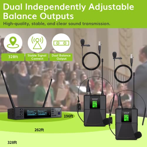 Kimyah Wireless Lavalier & Headset Microphone System, Dual Uhf 200 Channel Bodypack Microphone, 328Ft(100M) Coverage Wireless Microphones Systems, 2 Lavalier & Headset Microphones, Cordless Mic #TOP1