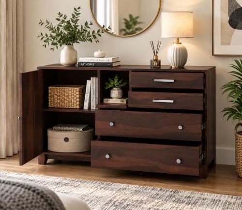 Image of Solid Wood Wooden Sideboard Cabinet with 4 Drawer and 3 Shelves Storage | Multipurpose Storage Cabinet Rack for Bedroom & Living Room (Walnut Finish)