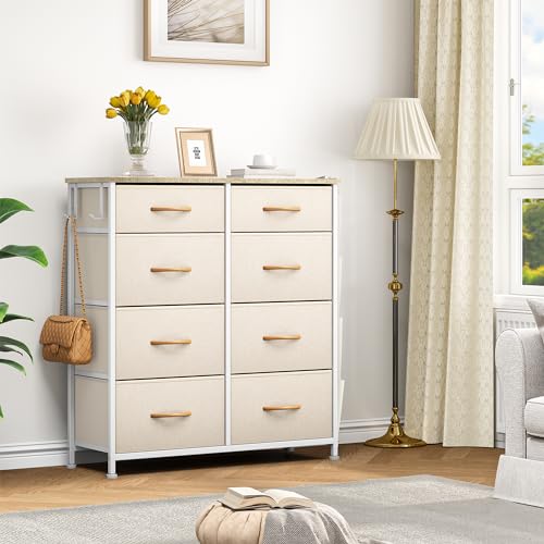 YITAHOME Ladecommode, dressoir met zijzakken en haken, stof 8 laden met handgrepen, metalen frame, houten blad, voor slaapkamer, woonkamer, hal, beige - Afbeelding 6