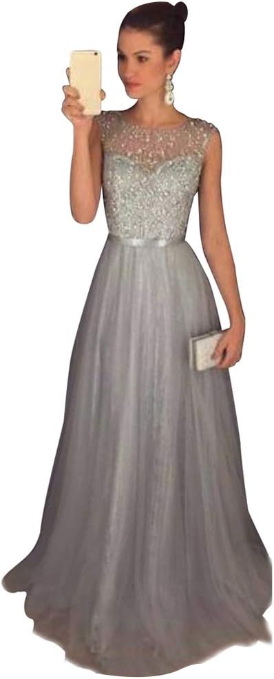 JitongWomen's Sleeveless Sequin Bridesmaids Dress Round Neck Chiffon Long Prom Dress Evening Wear Gowns Gray S