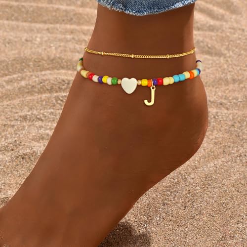 Image of Eaciy Colorful Initial Ankle Bracelets for Women - 14K Gold Plated Layered Heart Initial Anklets Bracelet Dainty A Letter Ankle Bracelet Colorful Layered Anklet Bracelet for Women