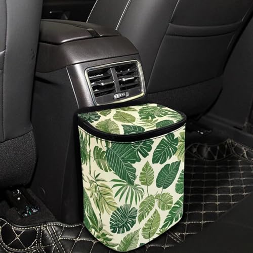 Image of Talayituse Tropical Monstera Palm Leaves Print Car Trash Bin, Large Size Auto Trash Can Adjustable Portable Garbage Can with Lid, Vehicle Hanging Bag for Headrest Front Back Seat
