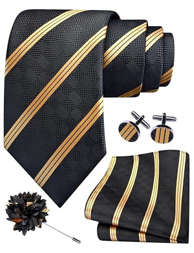 Image of GUSLESON 3.15 inch（8cm） Mens Stripe Tie and Lapel Pin Necktie Hankerchief Cufflinks Set for Men