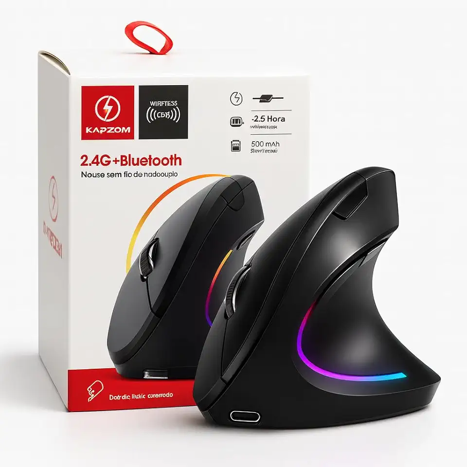 Mouse Ergonômico Sem Fio Vertical Recarregável Silencioso ErgoTech® RGB - Reduz Dor no Pulso e Fadiga – Compatível com Windows, Mac, Notebook, PC – Preto, Design Ortopédico DPI Ajustável