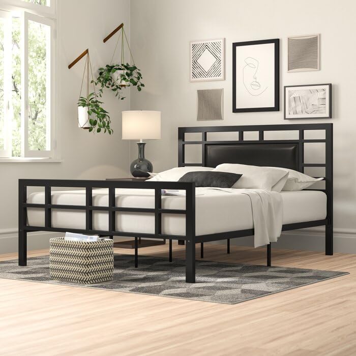 Image of Vegan Leather Metal Open-Frame Bed (or Upholstered Vegan Leather Metal Platform Bed) Geometric Open-Frame Grid Pattern on Both Headboard and Footboard.