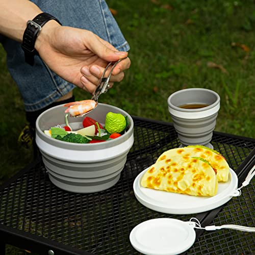 Odoland Geschirr Set für Camping Inklusive Faltbare Zusammenklappbare Silikonschüssel und Reisebecher mit Deckel, Edelstahl Salatlöffel für Backpacking, Outdoor, Camping, Wandern und Picknick