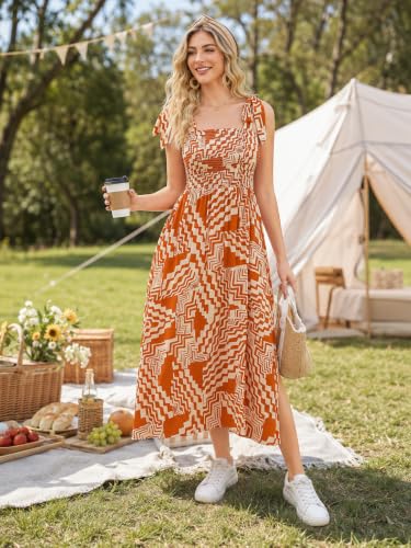 Image of BROVAVE Women Summer Floral Dress: Casual Square Neck Flowy Boho Beach Midi Sundress Sleeveless Tie Shoulder Vacation Daily