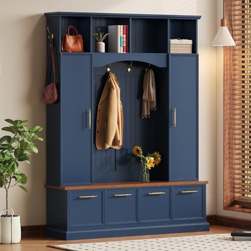 Merax 59″ Farmhouse Hall Tree with Golden Hooks & Walnut Bench, Entryway Organizer with Adjustable Shelves, Shoe Storage, Anti-Tip for Mudroom, Living Room, Blue