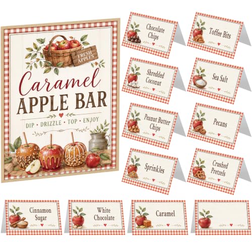Image of Marspark 14 Pcs Caramel Apple Dipping Bar Station Decorating Set for DIY Candy Apple Corners Fall Dessert Table Sign with Stand and Cards for Fall Autumn Thanksgiving Table Decorations (Vintage)