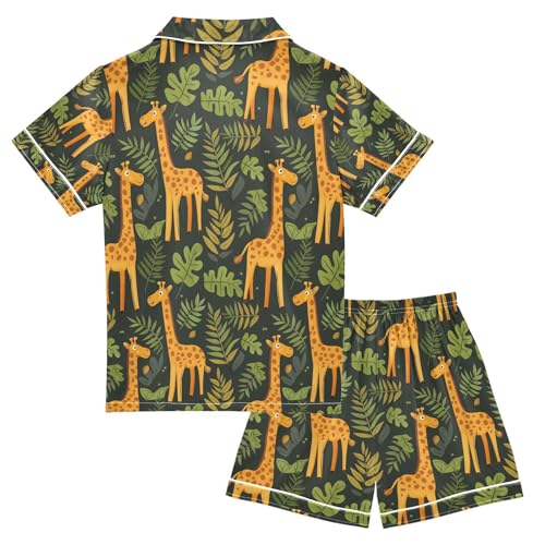 ALAZA Giraffe Leaves Tropical Pajamas Satin Pajama Set Short Sleeve Button Down Sleepwear2