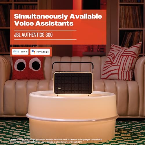 JBL Authentics 300 - Retro Style Wireless Bluetooth/WiFi Home Speaker, Built in Battery (4800mAh), Music Streaming Services via Built-in Wi-Fi, Built in Alexa and Google Assistant (Black/Gold)