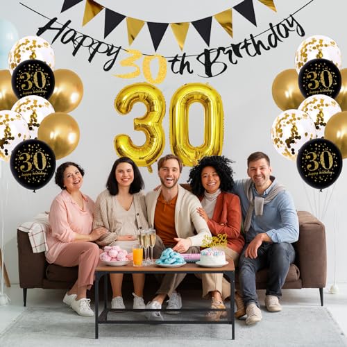 Image of Jobkoo 30th Birthday Decorations for Him, Black Golden 30th Birthday Party Decor Men Women Happy 30th Balloons Black 30th Banner Cake Topper Number 30 Balloon for Thirty Decoration