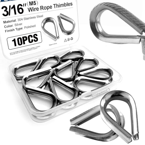 10 Pcs 3/16" Wire Rope Thimbles, 304 Stainless Steel Cable Thimble Fittings, M5 Compatible for Rigging, Marine & Industrial Use