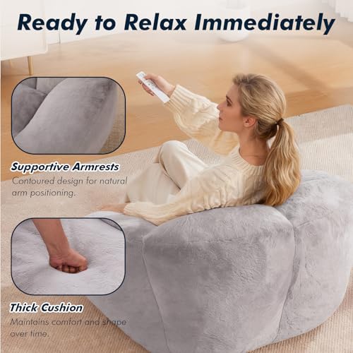 LVHOM 3.28 Feet Bean Bag Chair for Adults, Shell-Shaped Bean Bag Lazy Couch, Faux Fur Cloud Sofa Chair, Lounge Floor Sofa with Filler for Reading, Gaming & Watching, No Assembly Required (Light Grey) — view 6