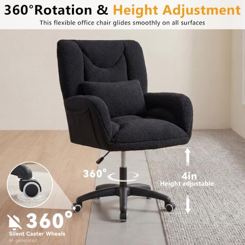 Image of FOXHUNTER Vanity Chair with Ergonomic Back & Wheels, 360 Swivel Accent Chair, Adjustable Height Home Office Chair for Living Room, Bedroom,Teddy Black(Upgraded Oversized)