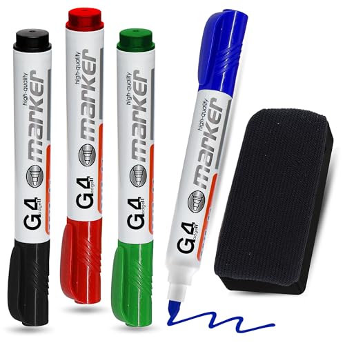 G4GADGET Whiteboard Pens 4 Pack with Eraser Dry Wipe Marker Pens Black Blue Red Green | Bullet Tip White Board Markers Erasable Low Odour Non-Permanent for School Office & Home