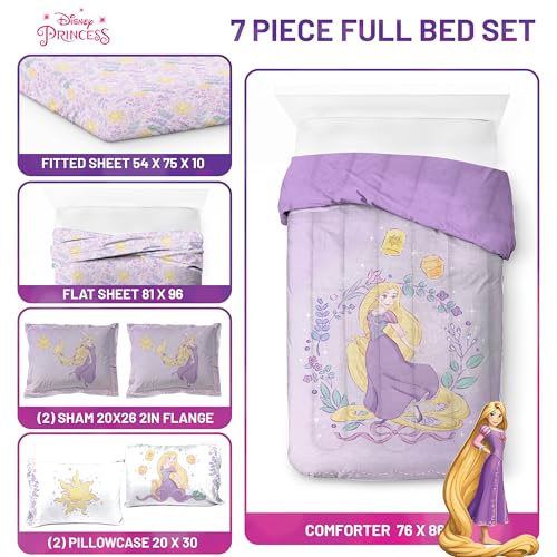 Image of Disney Princess Full Size Comforter Set 7 Piece Kids Bedding, Purple | Rapunzel, Bed in a Bag, Comforter Sheets Shams Pillowcases, Official Brand, Soft Microfiber, Machine Washable, Girls Gift