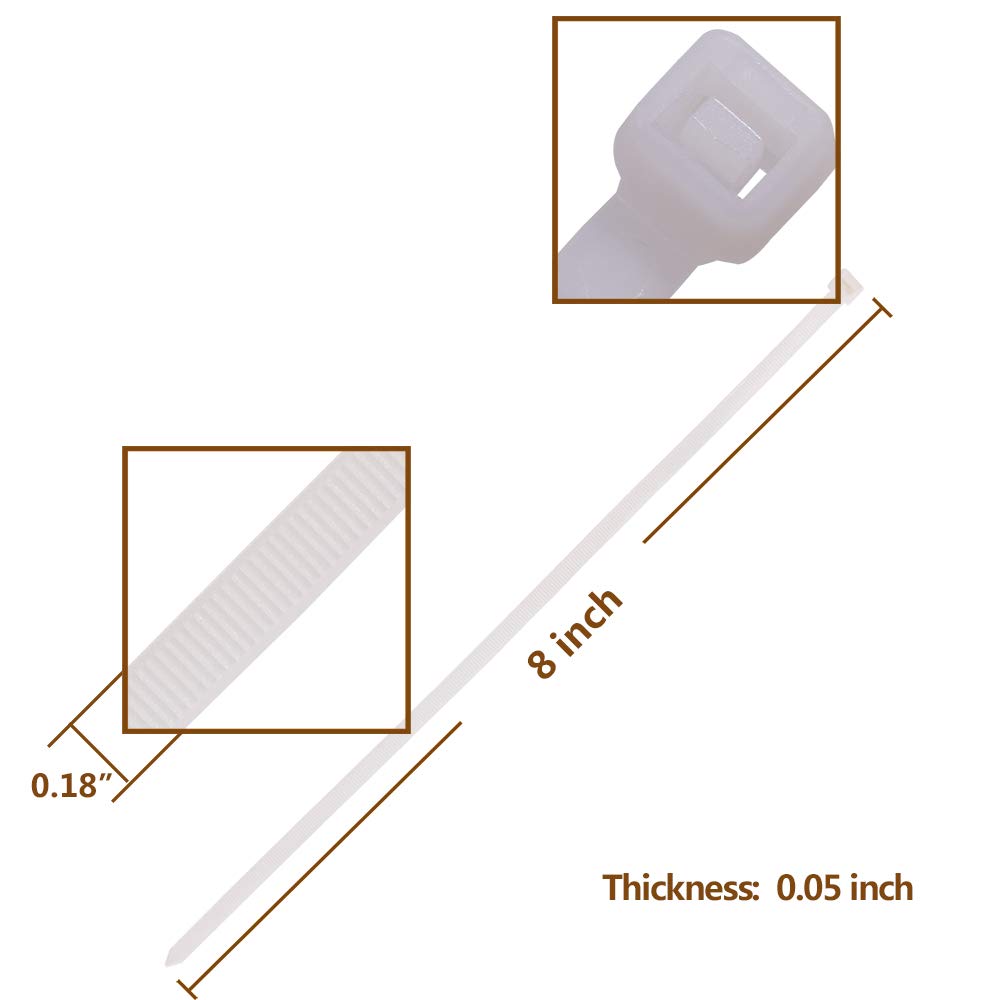 Dekun 8 Inch Zip Ties White 1000 Pcs, Dekun Premium Nylon Cable Ties Wire Management Ties 50 LB Tensile Strength (8 Inch, White, 1000 Pack)