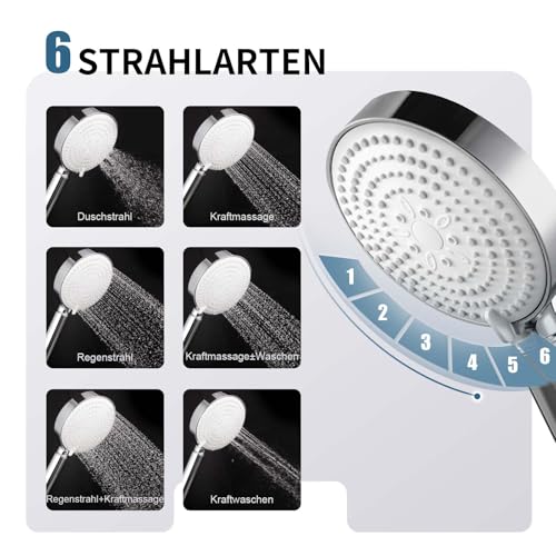 OFFO Duschkopf mit Filter, 13cm Duschkopf Groß mit 6 Strahlarten, Handbrause mit Filtration in 20 Schichten, Duschbrause für Wassersparend, Shower Head mit Kalkfilter, Chrom+Weiß