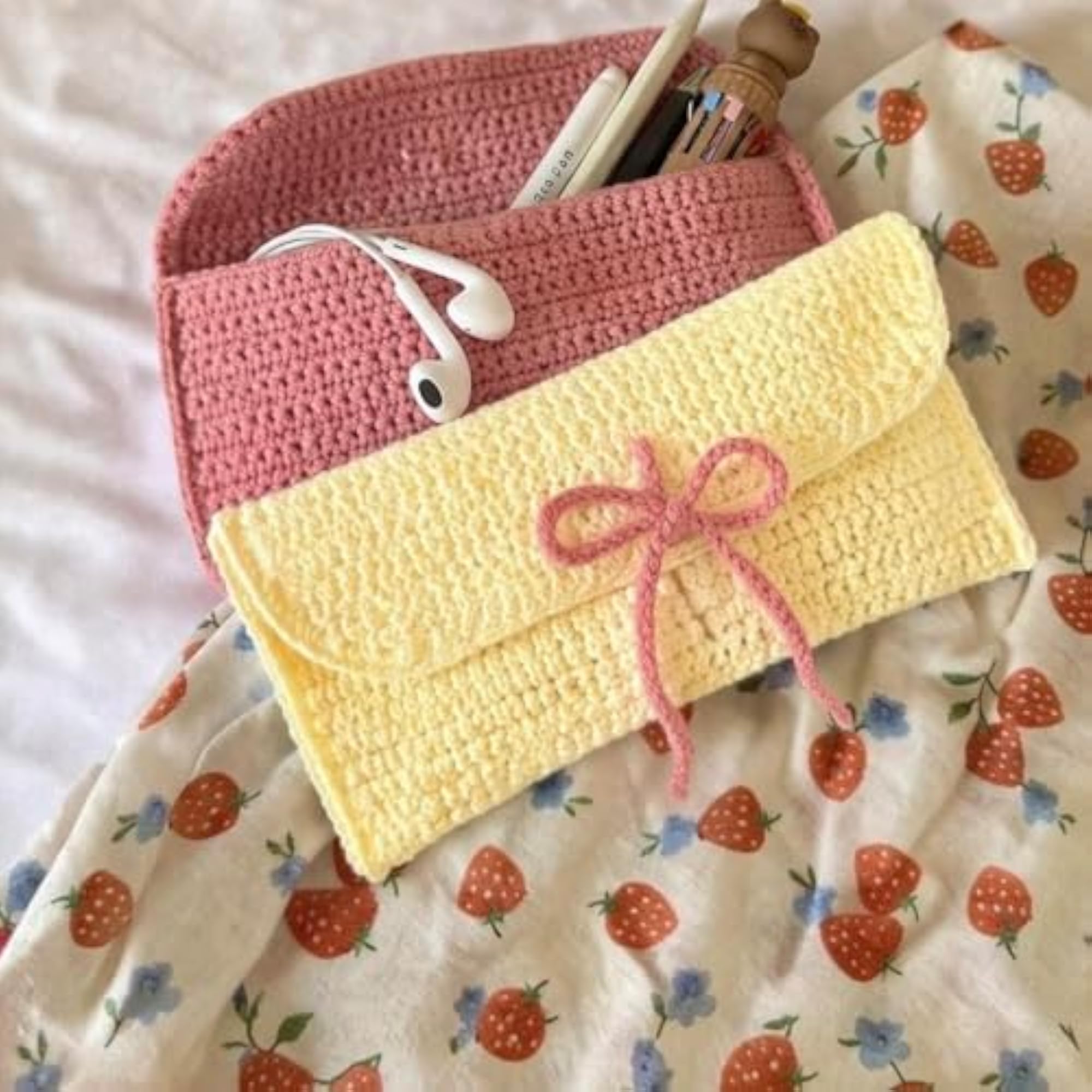 Handmade Crochet Pencil Pouch with Bow Detail, Knitted Stationery Case