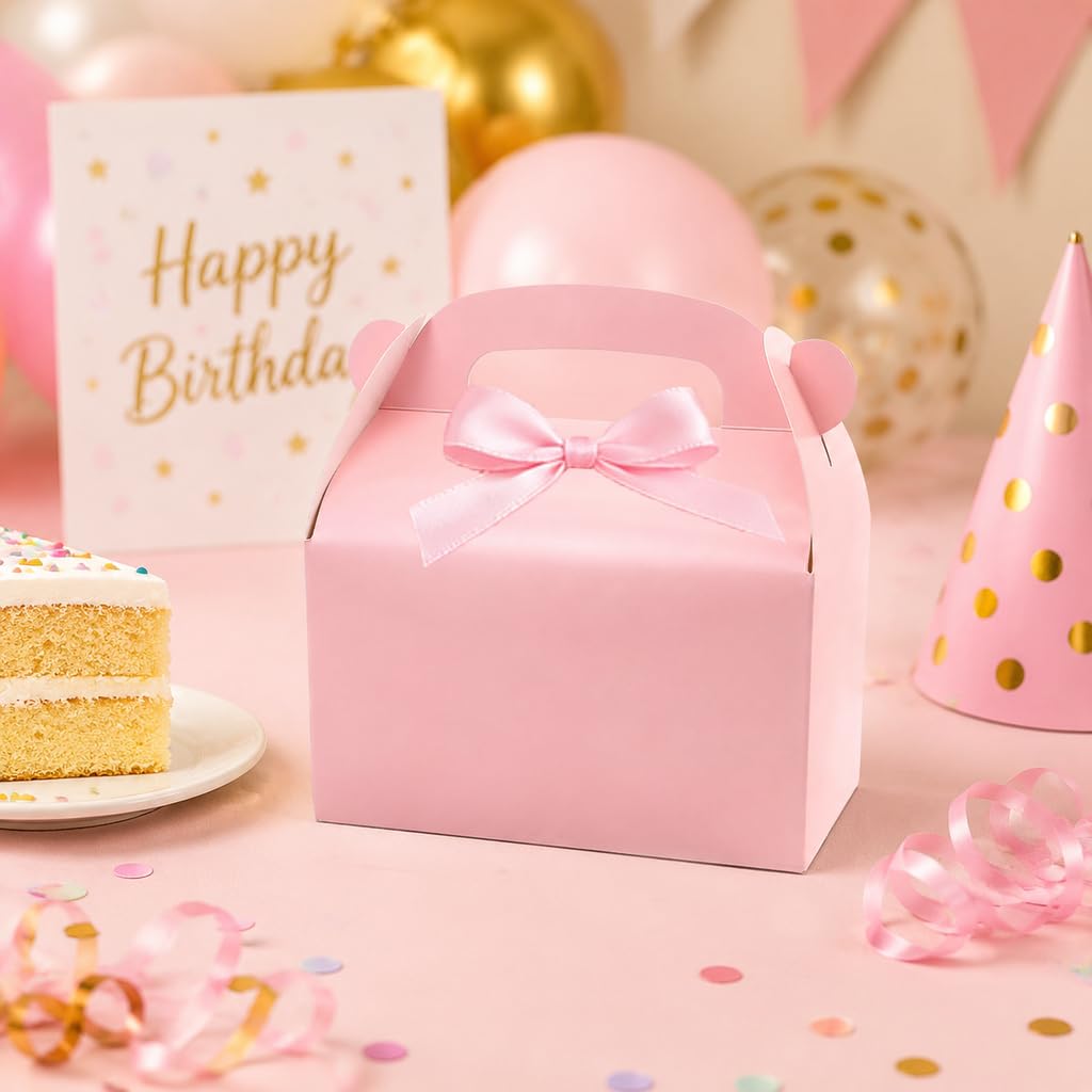 30-Pack Pink Party Favor Treat Boxes, Goodie Boxes, Gable Paper Gift Boxes with Handles. Perfect for Princess Pink Party and Baby Shower Decoration Supplies.