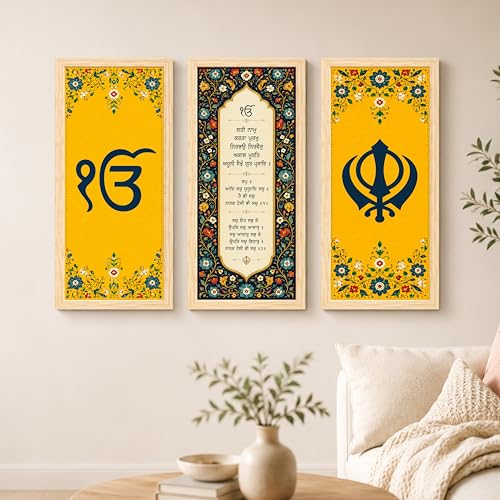 Image of Sikh Wall Art Painting for Living Room, Ik Onkar Mantra, Set of 3 Vastu Wall Art for Home Decor for Living Room, Bedroom, Hallways, Office, Hotel (Size-24x48 cm)