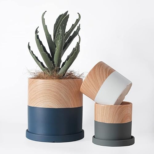 Nordic Decor Wooden Style Ceramic Flower Pots (Dark Blue) 5.5 Inch: Indoor-Outdoor, All-Weather Planters, Elegant Wood-Look & Durable Design, Ideal For Small Plants & Flowers #TOP16