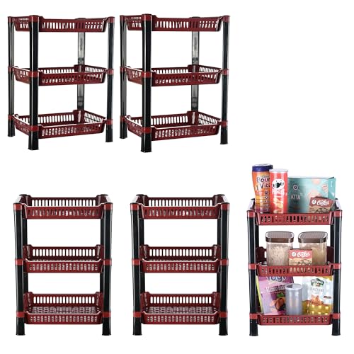 Image of Urbane Home Pack of 5 Multipurpose Kitchen Organizer /Storage Rack | 3-Layer Onion Stand for Kitchen | Vessels & Vegetable Organiser | Maroon