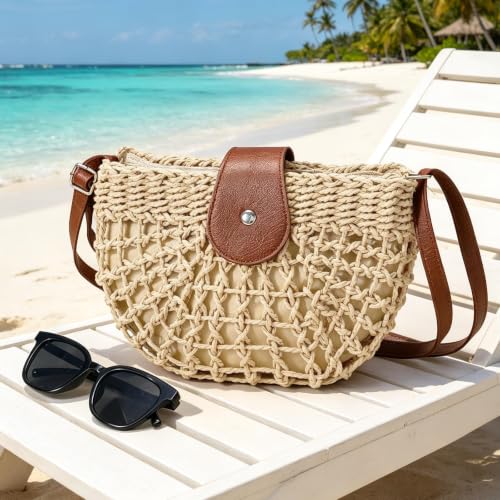 Image of Straw Bag Beach Purse Summer Purses for Women Vacation Handbags Woven Crossbody Bags Straw Shoulder Bag