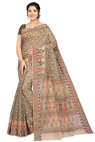 Image of RANI SAAHIBA Women's Poly Cotton Printed Saree With Blouse Piece (SKR6982 Beige- Black)