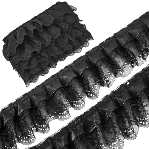 GORGECRAFT 10 Yarda 3 Capas de Encaje Plisado de Flores de Gasa Malla Reunida Borde de Organza Cinta de Tela con Volantes Ribetes Bordados para Coser Manualidades Vestidos de Novia Color Negro