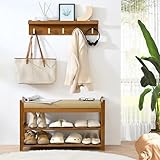 PETKABOO Entryway Bench with Coat Rack, 28 in Shoe Bench with Cushion and Wall Mounted Coat Rack with Hooks, Storage for Entry, Hallway, Bedroom, Living Room
