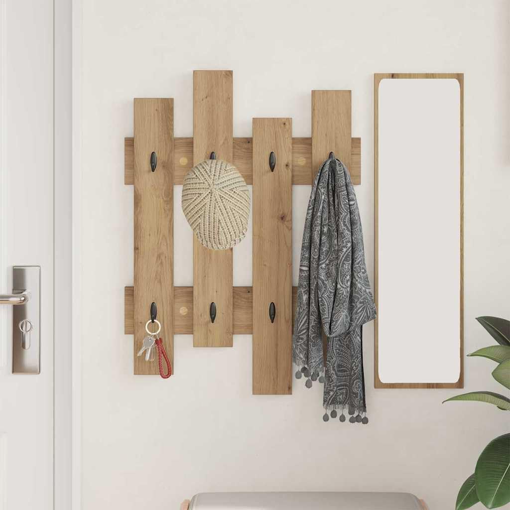 Wandmontiertes Garderobenregal Artisan Eiche Holzwerkstoff 60 x 3 x 82 cm, Haken Wandhalterung für Flur Büro, platzsparende Aufbewahrung für Mäntel Taschen Accessoires