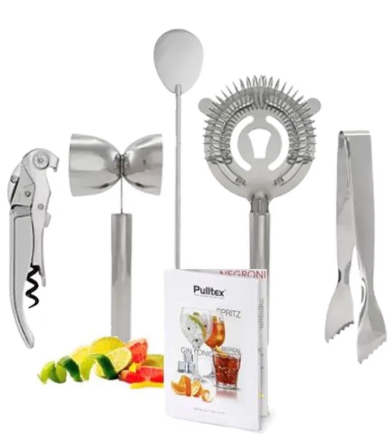 Lot de 5 cocktails en acier inoxydable, tire-bouchon, jigger, mixeur, fraise et pince, avec livre de recettes