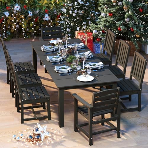Patio Kingdom 9-Piece Outdoor Dining Set for 8, 75.2'' HDPE Table with Umbrella Hole & Chairs, Weather-Resistant Patio Furniture for Lawn, Yard, Balcony, Deck (Black)