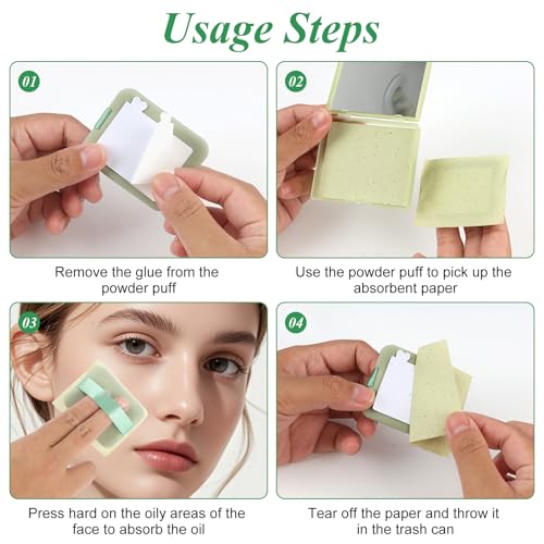 100 PCS Löschpapier,Oil Control Paper + 1 Spiegel + 1 Puderquaste, Sebum Für Alle Hauttypen,Oil Tücher & Oil Absorbing Sheets Für Mattes Finish,Vegan & Duftfrei, Blotting Papier