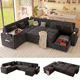 FIRLZY 100" Modular Sectional Sleeper Sofa with Pull Out Bed, 7 Seat Corduroy U Shaped Couch with Storage Chaise|6-Position Backrest|Side Table|USB Port, Dark Grey Sectional Couches for Living Room