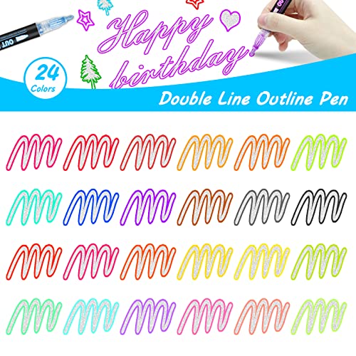 Outline Markers Self-Outline Metallic Markers, 24 Colors Double Line Outline Markers, Super Squiggles Shimmer Outline Glitter Pen Set For Kid Drawing,Birthday Greeting Card, Doodling,Diy Art Crafts #TOP1