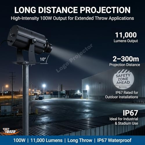 Image of TONZO 100W LED Logo Projector Light, 11000 Lumens, 7-30ft Range, 1 Custom Lens, IP67 Waterproof Outdoor GOBO Projector with Remote, Static & Rotating Signage Light for Shop Event Business Storefront