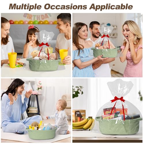 Image of Small Baskets for Gifts Empty, 13 inchx 9 inchx 5 inch Woven Gift Basket with Bag and Ribbon, Cotton Rope Kids Dog Cat Toy Bin Box, Cute Baby Nursery Organizer, Decorative Storage with Handles, Green