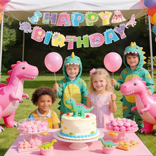 Image of Hooqict Happy Birthday Banner Pink Dinosaur Birthday Decorations Dinosaur Party Banner Garland Sign for Kids Girls 1st 2nd 3rd Dino Themed Birthday Party Decorations Supplies