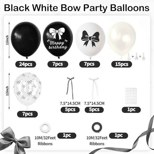 Image of Black Bow Balloons, 60PCS Double Stuffed Pearl White Balloons, 12 Inch Black White Bow Printed Balloon with Ribbon for Girls Women Birthday Bridal Baby Shower Wedding Bachelorette Party Decorations