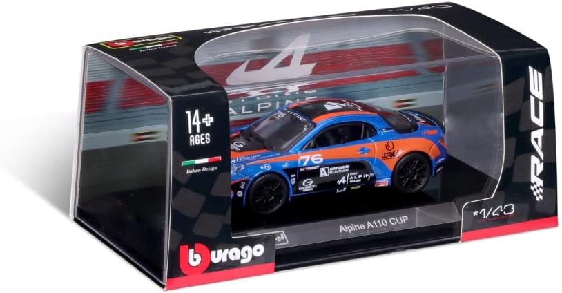 Bburago 1/43 Race Crystal Collection Alpine A110 Cup - Collectible Metal Miniature Car - Authentic Sports Model - for Children from 3 Years Old - Original and Fun Gift