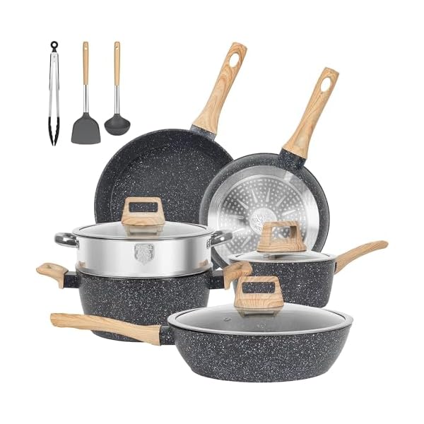 12pcs Pots and Pans Set Non Stick Kitchen Cookware Sets Induction Cookware Nonstick Granite Cooking Set with Frying Pans, Saucepans, Steamer Silicone Shovel Spoon & Tongs (Black)