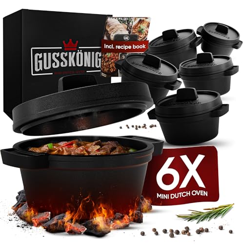 GUSSKÖNIG Mini Dutch Oven Set - 6x 300ml Cast Iron Mini Pots with Lids - Pre-Seasoned Mini Dutch Ovens - Cast Iron Mini Cocotte Serving Pans - Includes Recipe Book & Instruction Manual