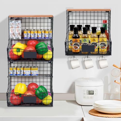 Wuciray 2pcs Obstkorb Hängend Gemüse Aufbewahrung mit Holzdeckel Hängekorb Wand mit Schäler und 5 Haken Obst Etagere fur Aufbewahrung Von… – Ansicht 2